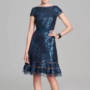 Tadashi Shoji Sequin Floral Brocade Cocktail Dress Womens 4 Navy